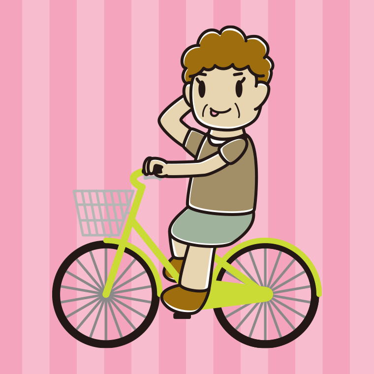 自転車に乗ってテヘヘなおばさんのイラスト【色、背景あり】PNG