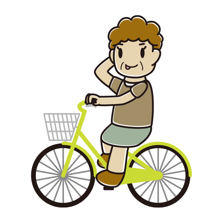 自転車に乗ってテヘヘなおばさんのイラスト【色あり、背景なし】透過PNG