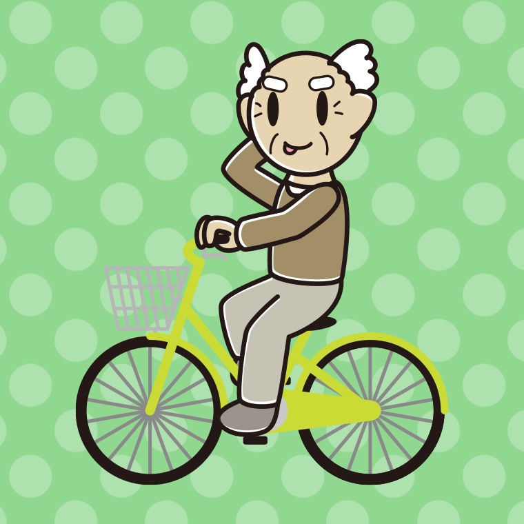 自転車に乗ってテヘヘなおじいさんのイラスト【色、背景あり】PNG