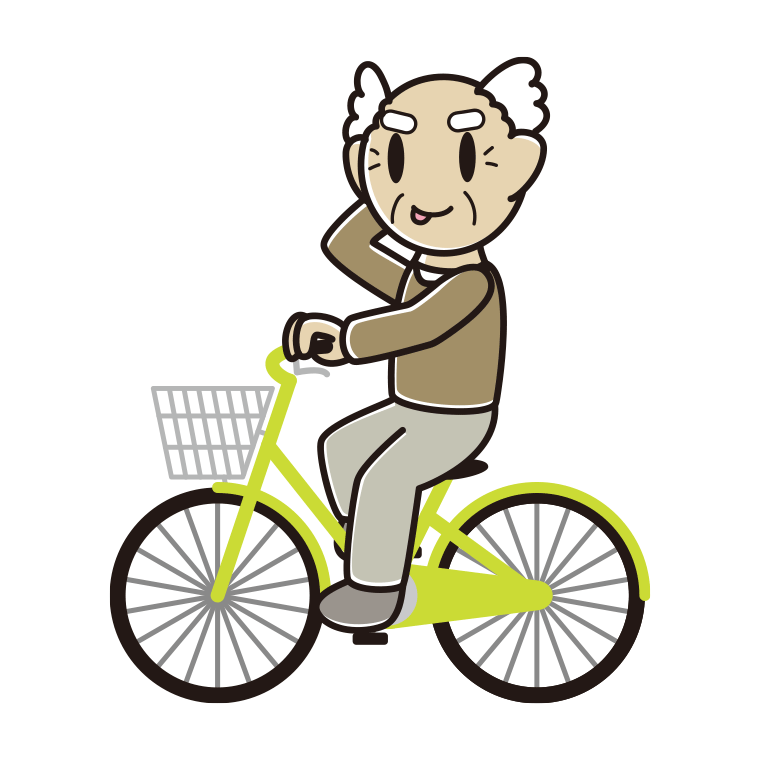 自転車に乗ってテヘヘなおじいさんのイラスト【色あり、背景なし】透過PNG