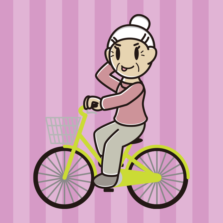 自転車に乗ってテヘヘなおばあさんのイラスト【色、背景あり】PNG