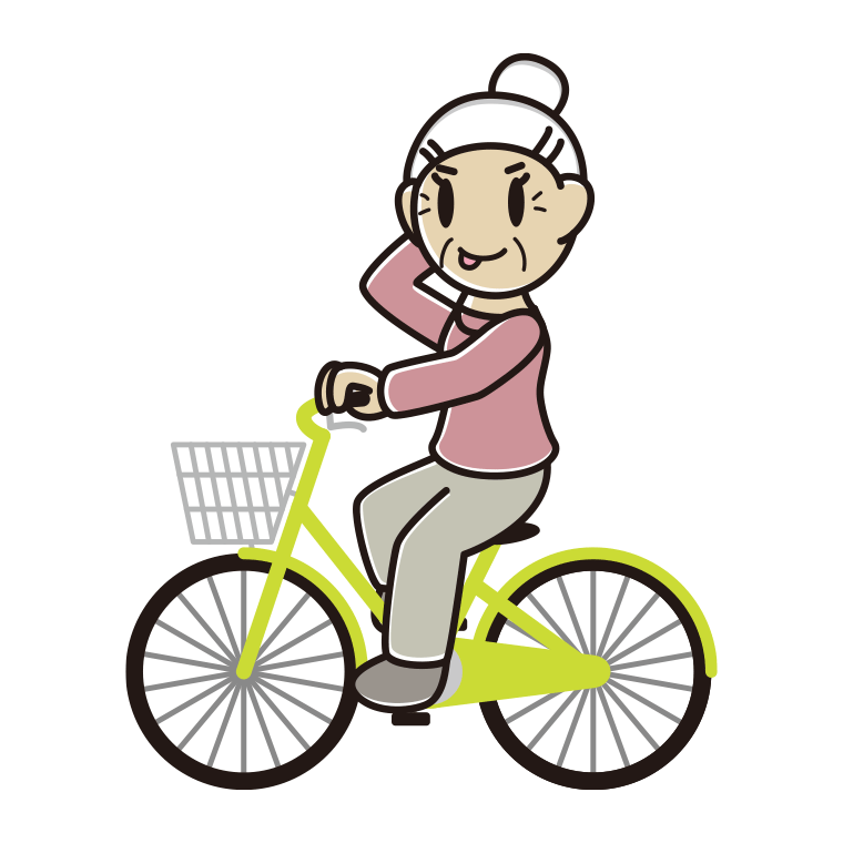 自転車に乗ってテヘヘなおばあさんのイラスト【色あり、背景なし】透過PNG