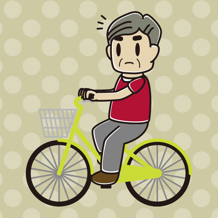 自転車に乗って何かに気付くおじさんのイラスト【色、背景あり】PNG