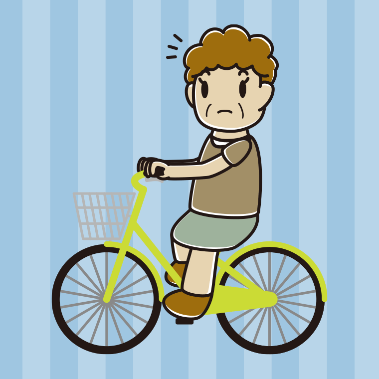 自転車に乗って何かに気付くおばさんのイラスト【色、背景あり】PNG
