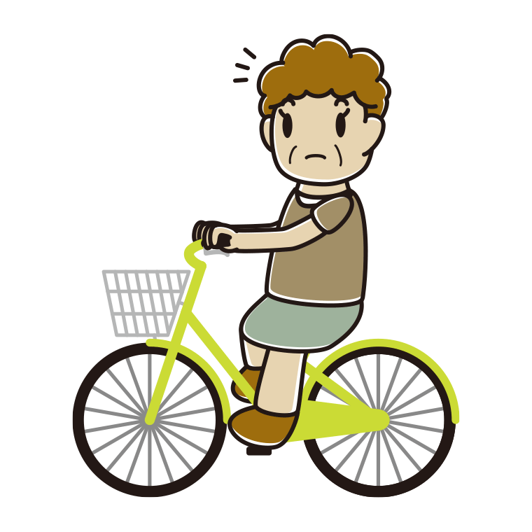 自転車に乗って何かに気付くおばさんのイラスト【色あり、背景なし】透過PNG