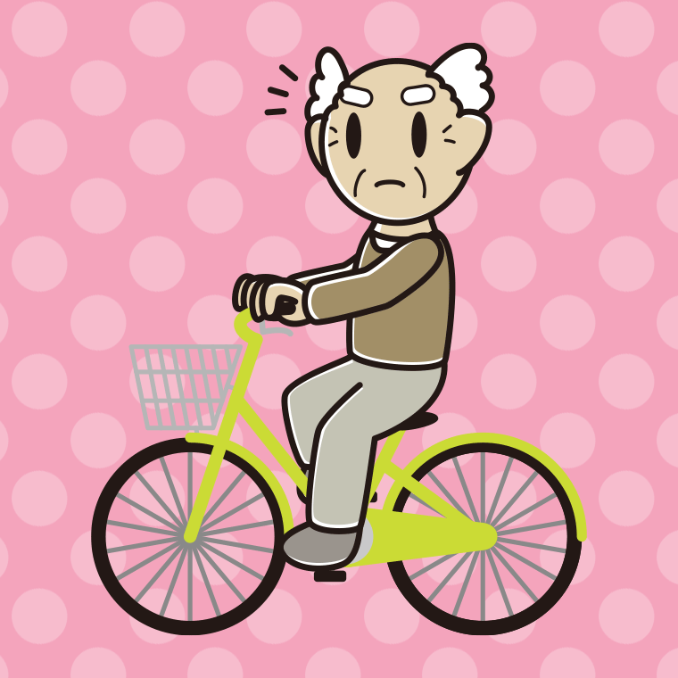 自転車に乗って何かに気付くおじいさんのイラスト【色、背景あり】PNG