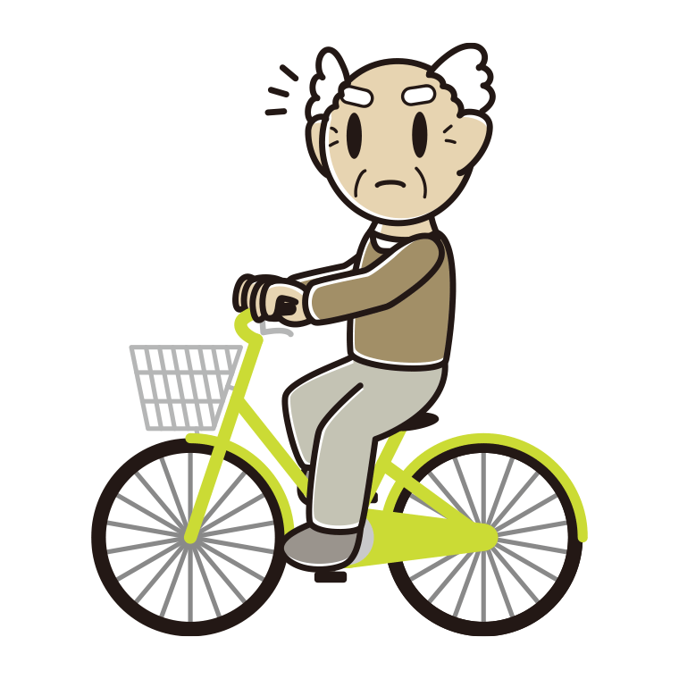 自転車に乗って何かに気付くおじいさんのイラスト【色あり、背景なし】透過PNG