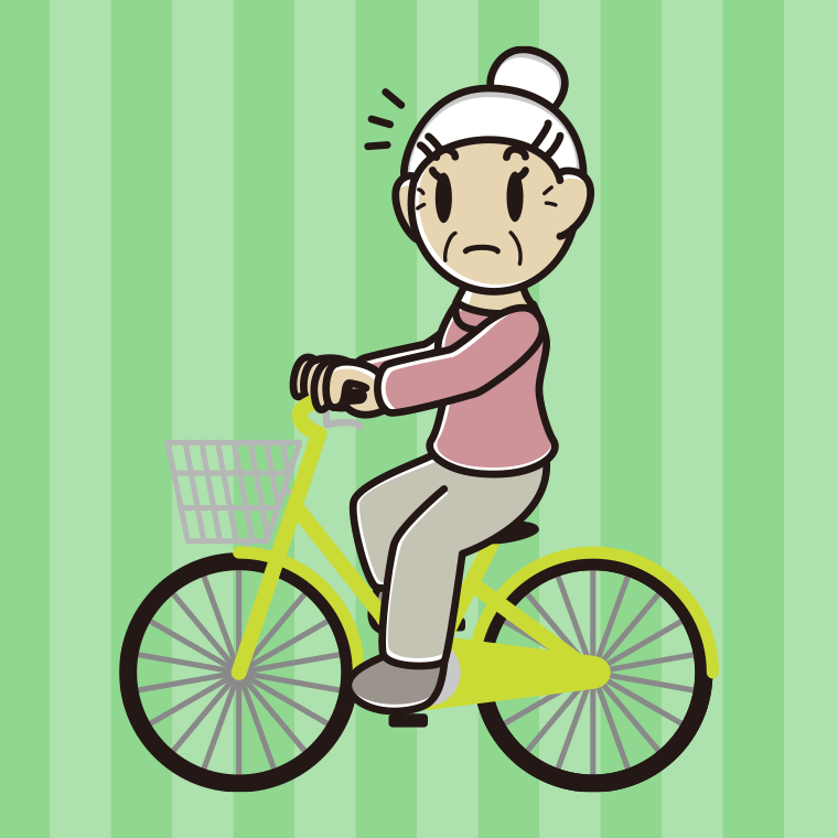 自転車に乗って何かに気付くおばあさんのイラスト【色、背景あり】PNG