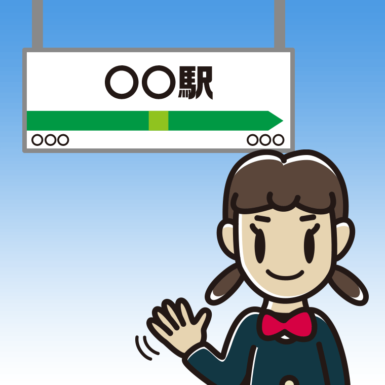 駅のホームで手を振る女子中学生のイラスト【色、背景あり】PNG