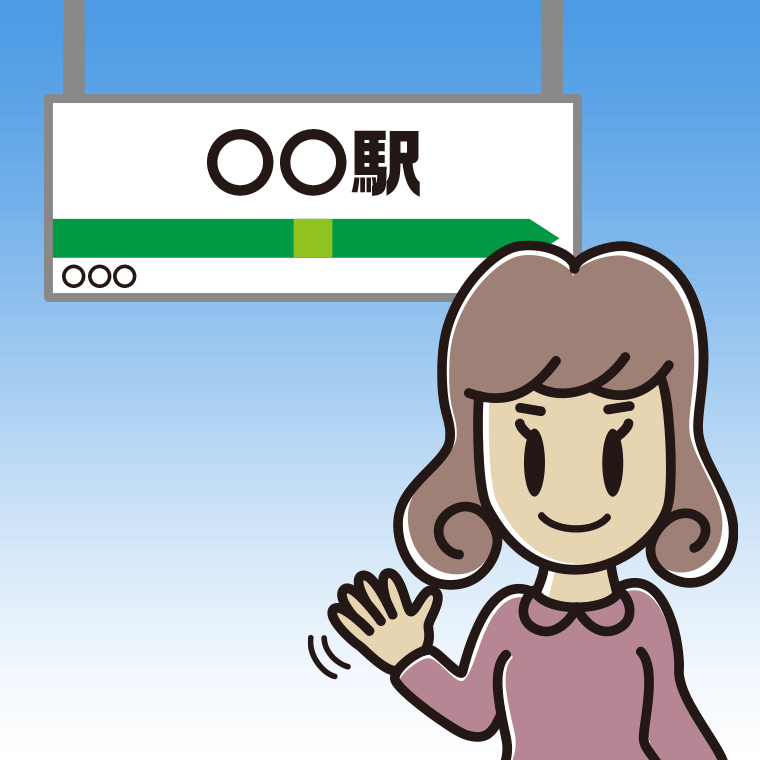 駅のホームで手を振る女子大学生のイラスト【色、背景あり】PNG