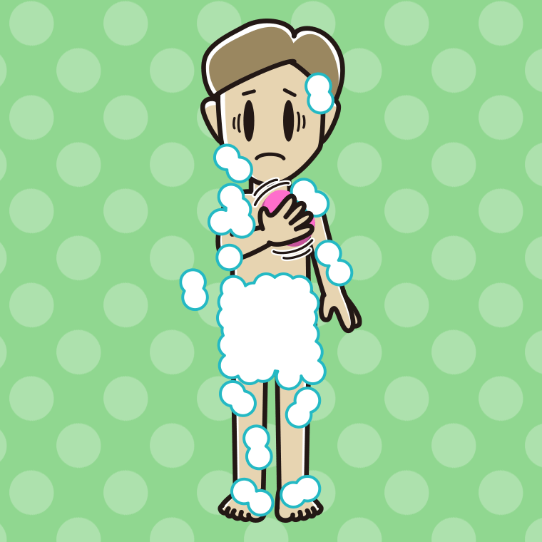 体を洗って困る男性のイラスト【色、背景あり】PNG