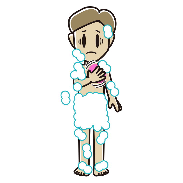 体を洗って困る男性のイラスト【色あり、背景なし】透過PNG