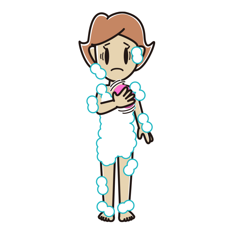体を洗って困る女性のイラスト【色あり、背景なし】透過PNG