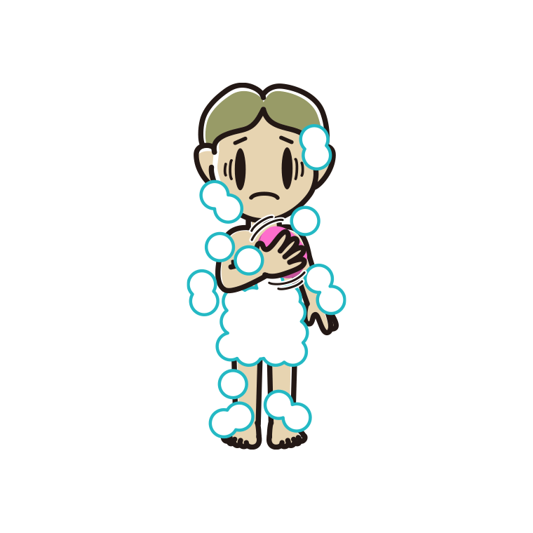 体を洗って困る小学生男子のイラスト【色あり、背景なし】透過PNG