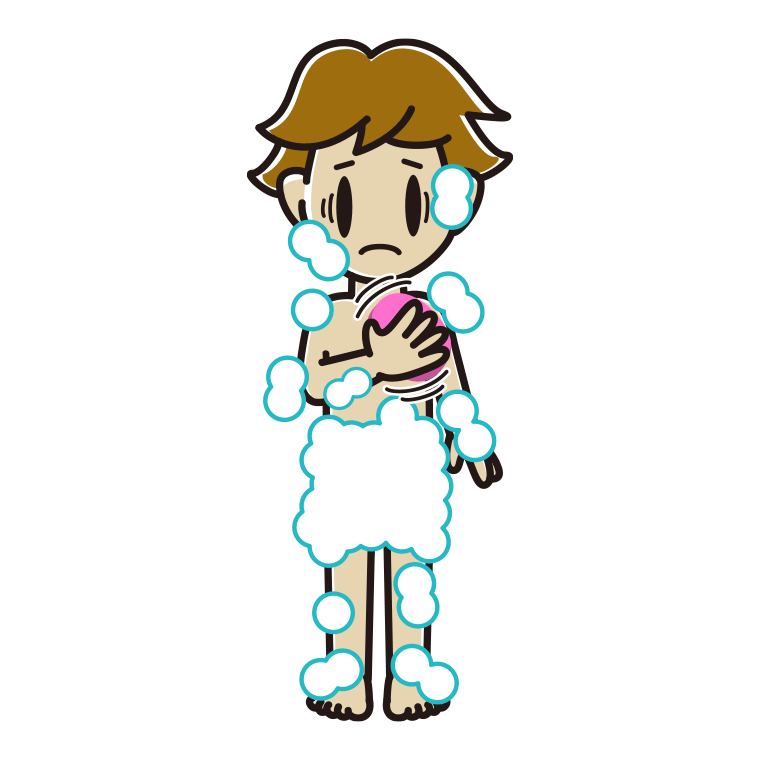 体を洗って困る男子高校生のイラスト【色あり、背景なし】透過PNG