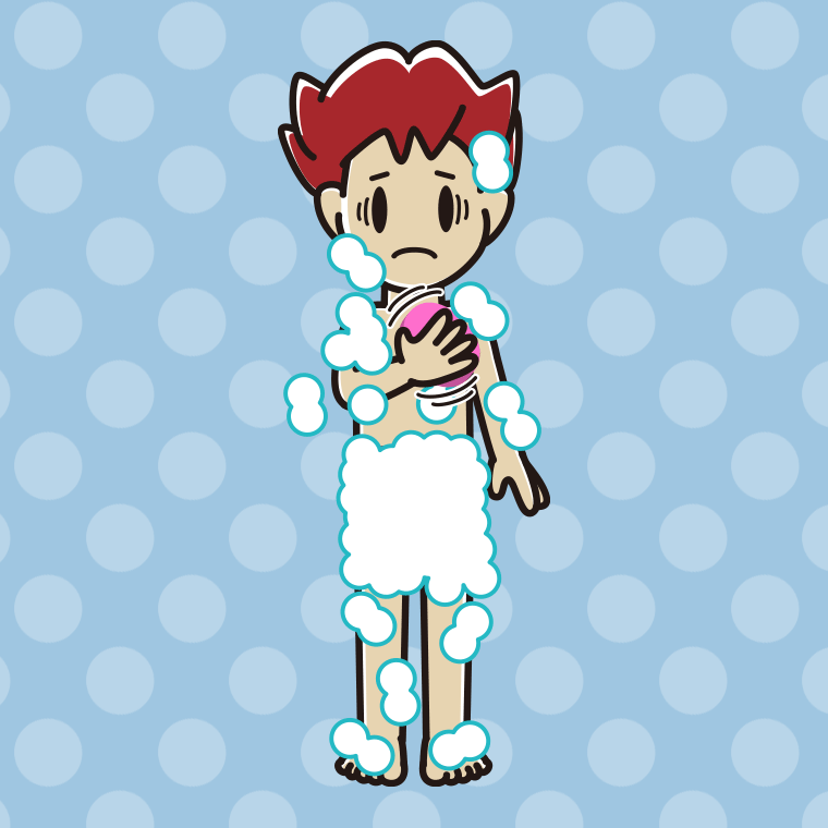 体を洗って困る男子大学生のイラスト【色、背景あり】PNG