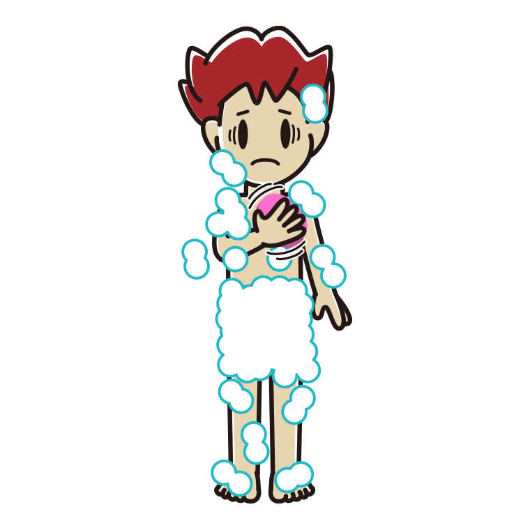 体を洗って困る男子大学生のイラスト【色あり、背景なし】透過PNG
