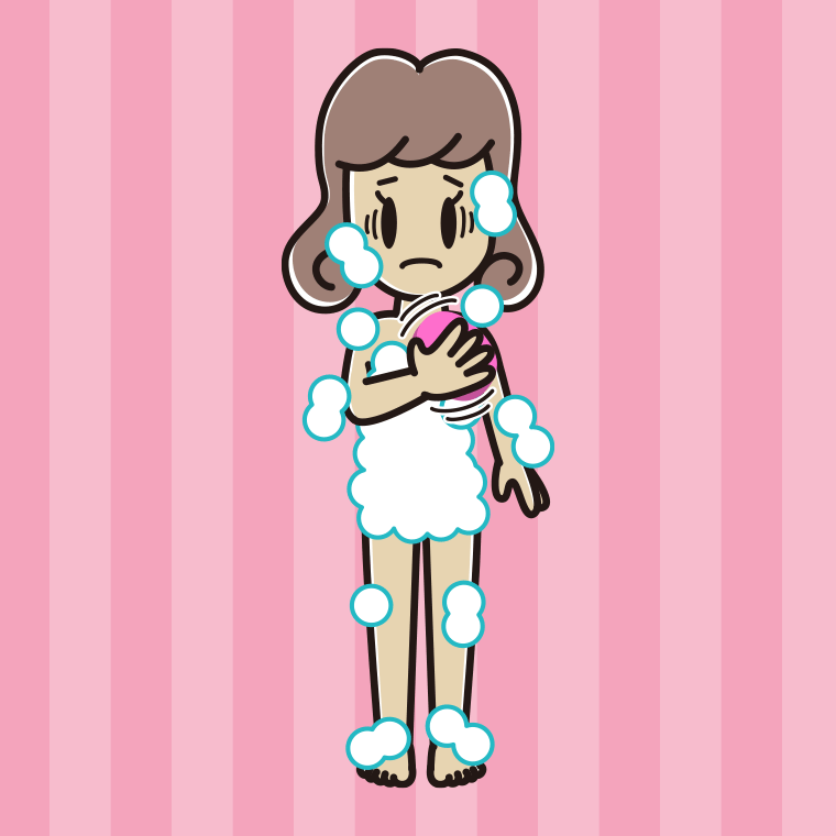 体を洗って困る女子大学生のイラスト【色、背景あり】PNG