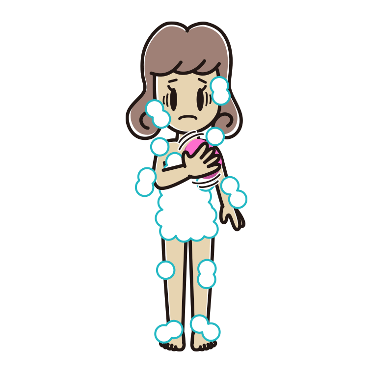 体を洗って困る女子大学生のイラスト【色あり、背景なし】透過PNG