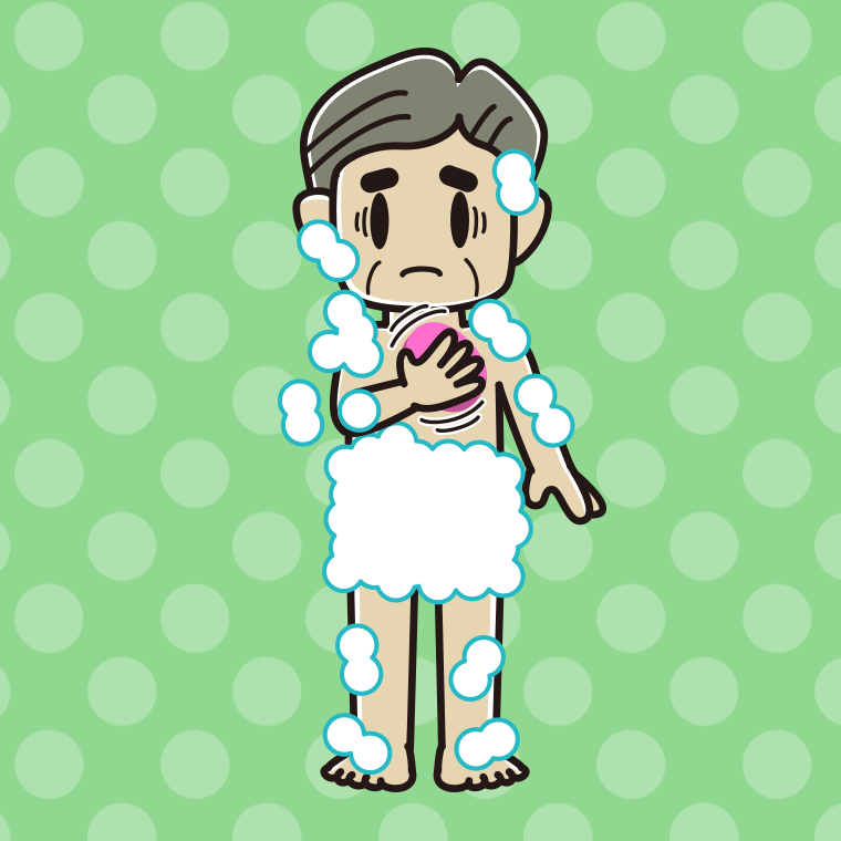 体を洗って困るおじさんのイラスト【色、背景あり】PNG