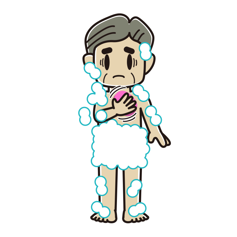 体を洗って困るおじさんのイラスト【色あり、背景なし】透過PNG