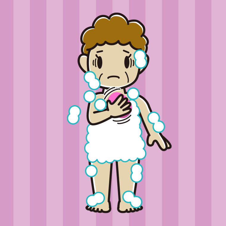 体を洗って困るおばさんのイラスト【色、背景あり】PNG