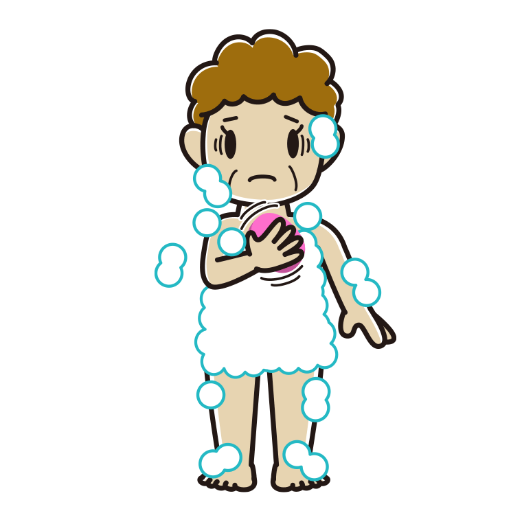体を洗って困るおばさんのイラスト【色あり、背景なし】透過PNG