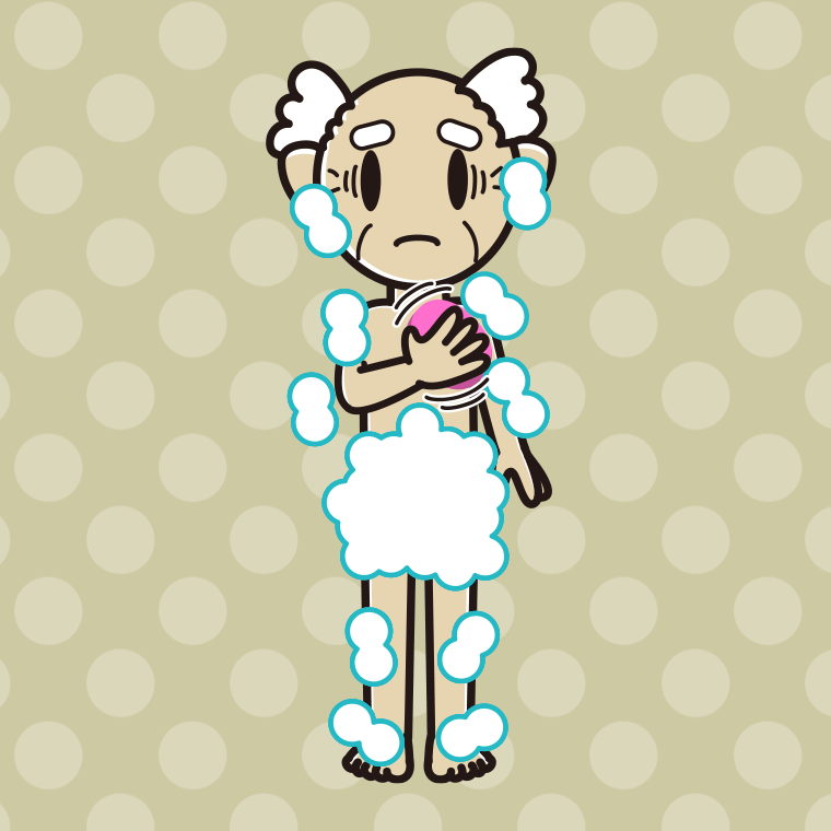 体を洗って困るおじいさんのイラスト【色、背景あり】PNG