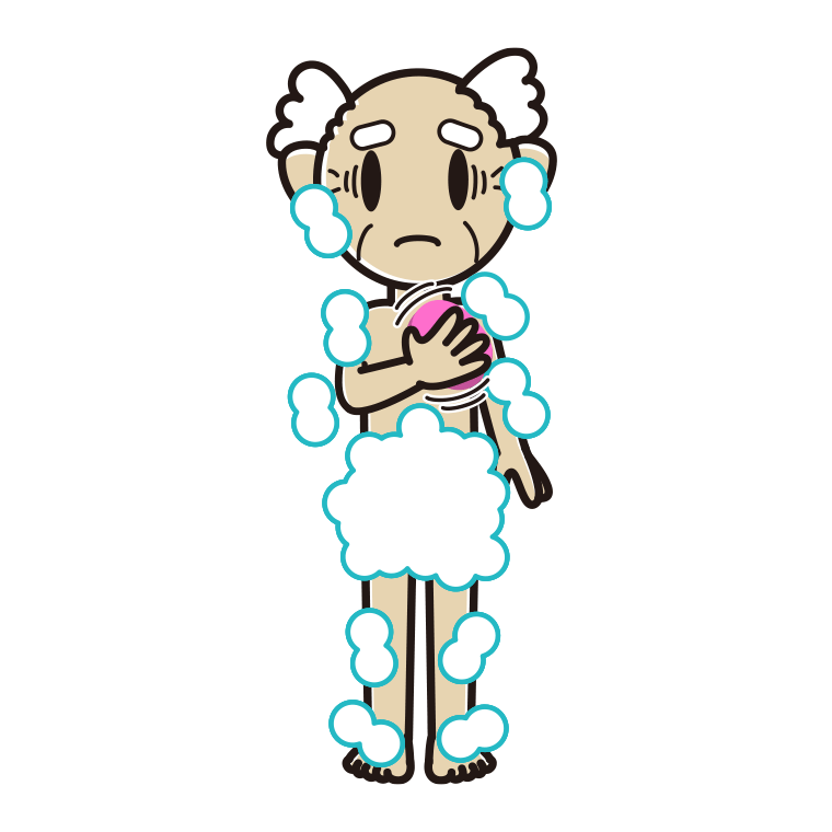 体を洗って困るおじいさんのイラスト【色あり、背景なし】透過PNG