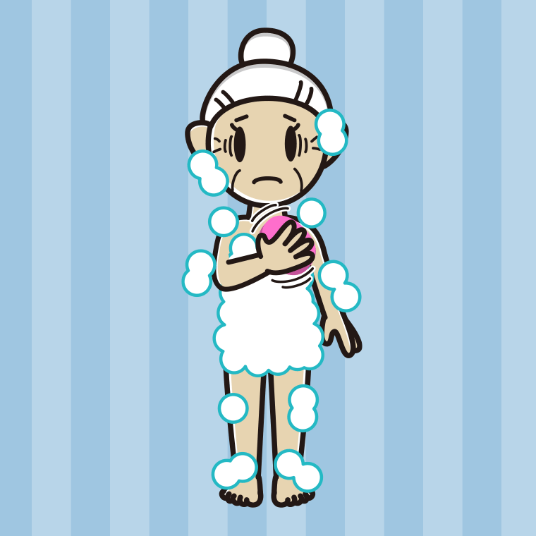 体を洗って困るおばあさんのイラスト【色、背景あり】PNG