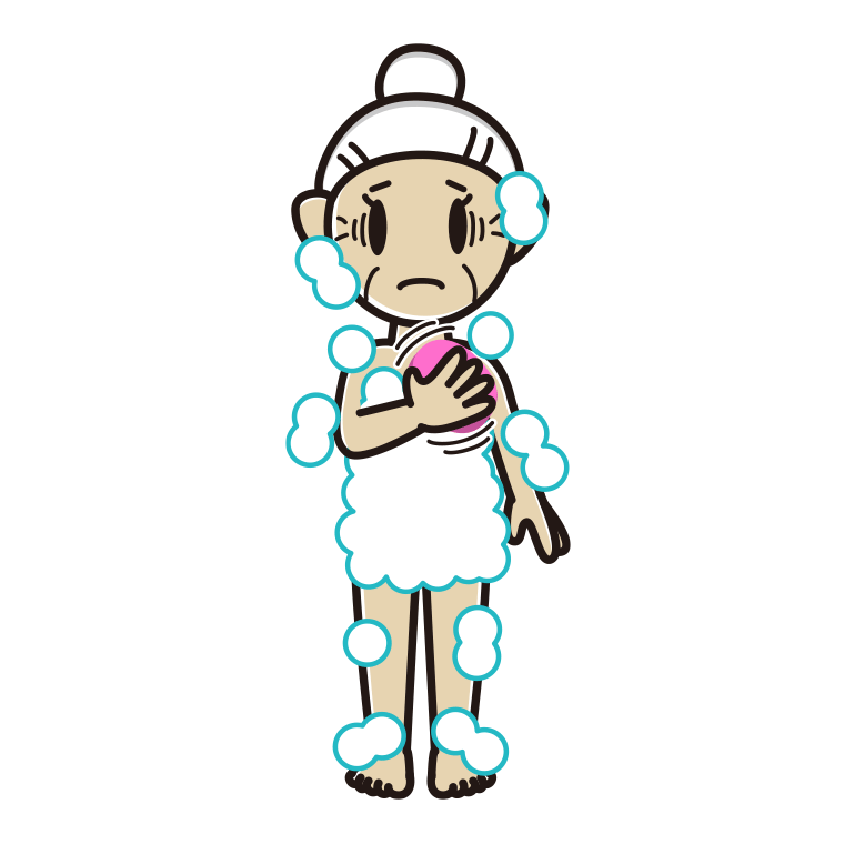 体を洗って困るおばあさんのイラスト【色あり、背景なし】透過PNG
