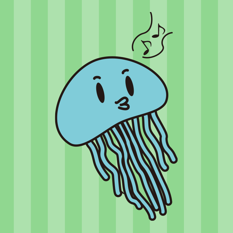 口笛を吹くクラゲちゃんのイラスト【色、背景あり】PNG