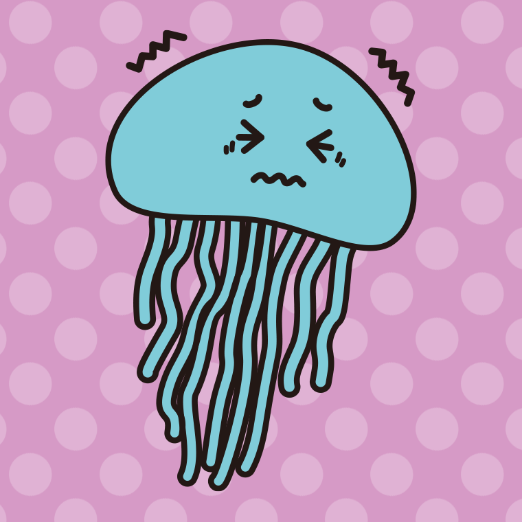 ブルブル震えるクラゲちゃんのイラスト【色、背景あり】PNG