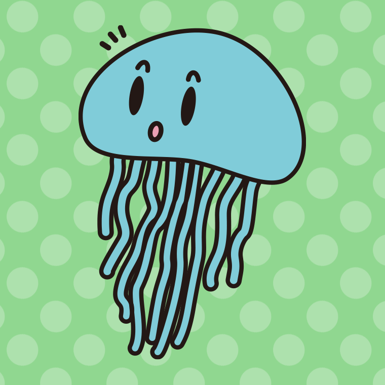 何かに気付くクラゲちゃんのイラスト【色、背景あり】PNG