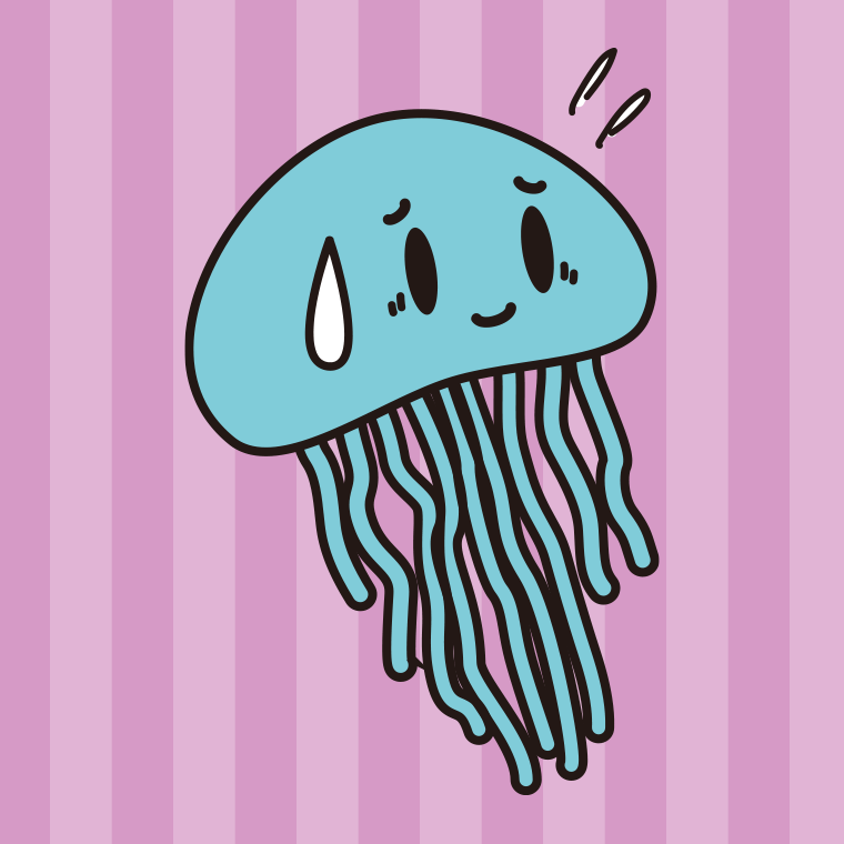 苦笑いするクラゲちゃんのイラスト【色、背景あり】PNG