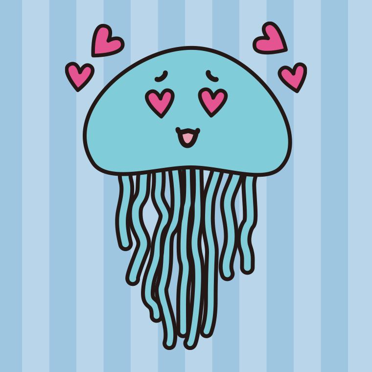 目がハートのクラゲちゃんのイラスト【色、背景あり】PNG