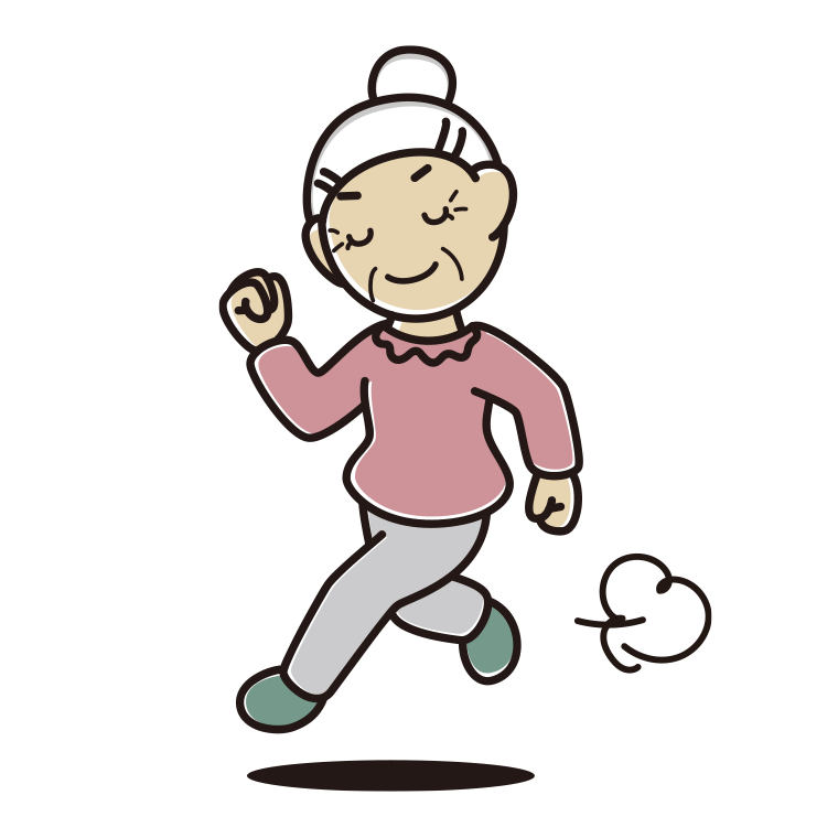 走りながらお辞儀するおばあさんのイラスト【色あり、背景なし】透過PNG