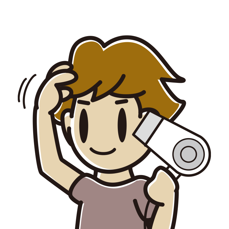 ドライヤーを使う男子高校生のイラスト【色あり、背景なし】透過PNG
