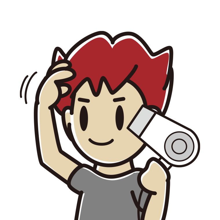 ドライヤーを使う男子大学生のイラスト【色あり、背景なし】透過PNG