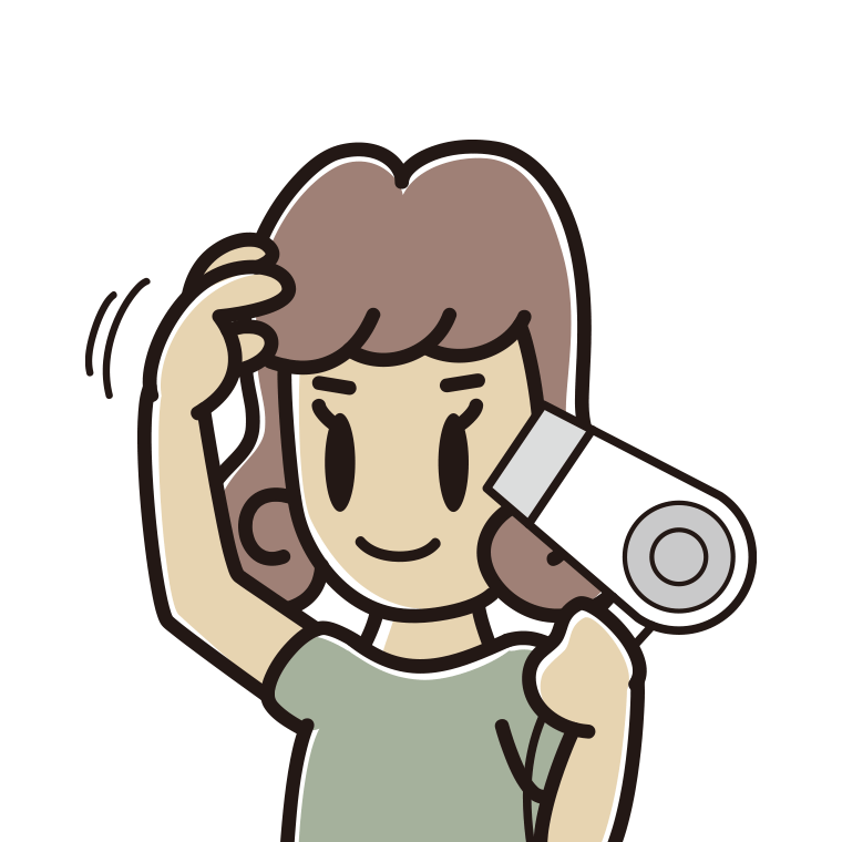 ドライヤーを使う女子大学生のイラスト【色あり、背景なし】透過PNG