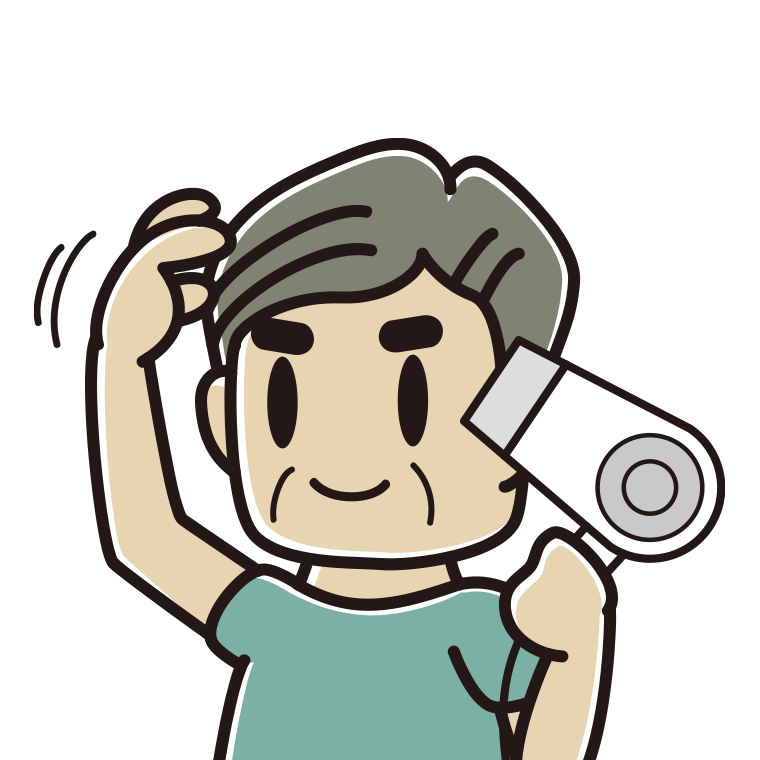 ドライヤーを使うおじさんのイラスト【色あり、背景なし】透過PNG