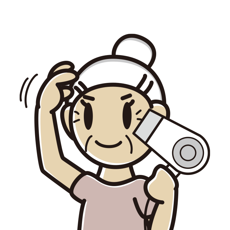ドライヤーを使うおばあさんのイラスト【色あり、背景なし】透過PNG