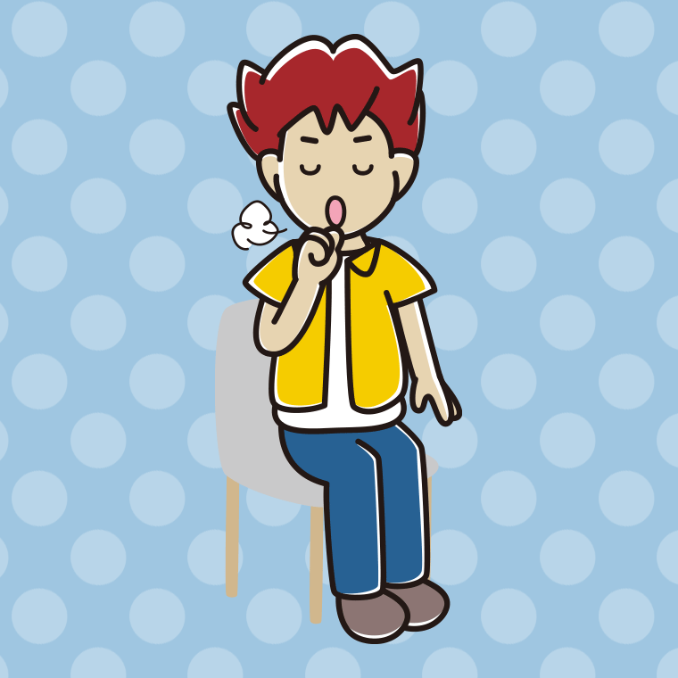 椅子で咳払いする男子大学生のイラスト【色、背景あり】PNG