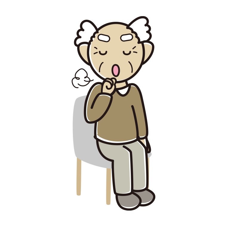 椅子で咳払いするおじいさんのイラスト【色あり、背景なし】透過PNG