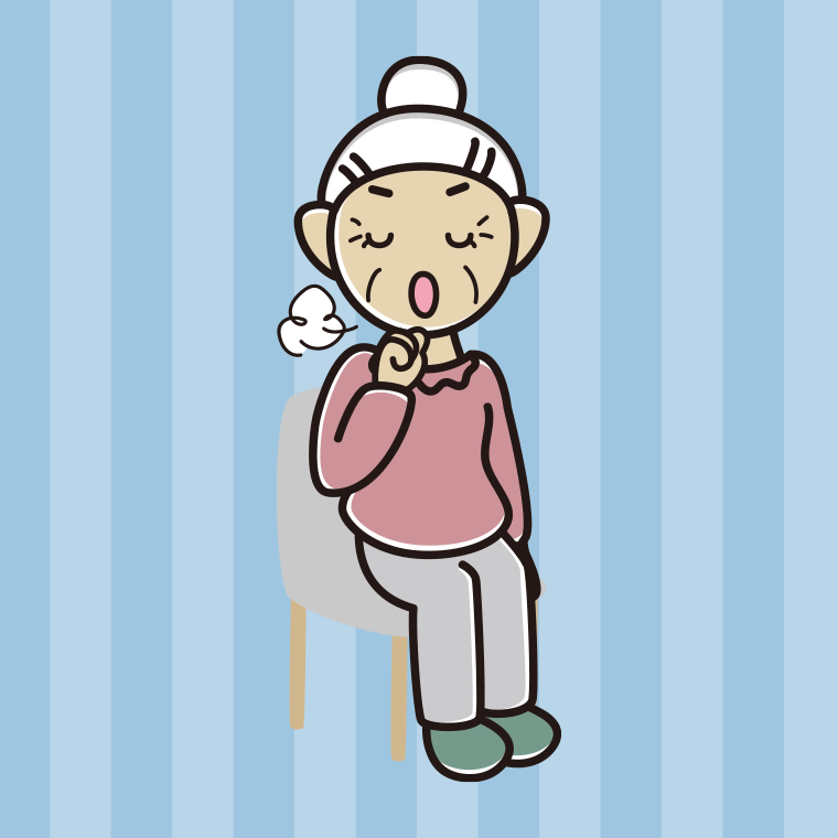 【フリー素材】椅子で咳払いするおばあさんのイラスト