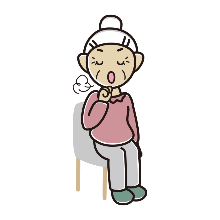椅子で咳払いするおばあさんのイラスト【色あり、背景なし】透過PNG