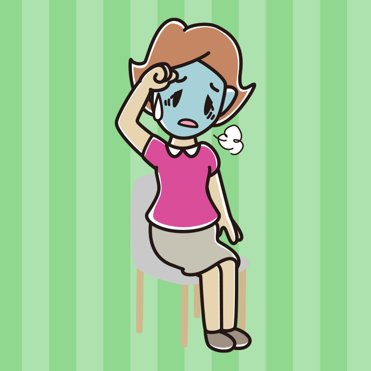 椅子で具合が悪い女性のイラスト【色、背景あり】PNG
