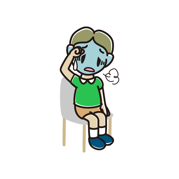 椅子で具合が悪い小学生男子のイラスト【色あり、背景なし】透過PNG
