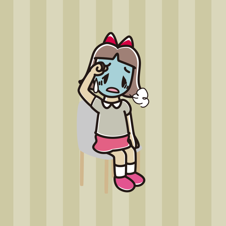 椅子で具合が悪い小学生女子のイラスト【色、背景あり】PNG