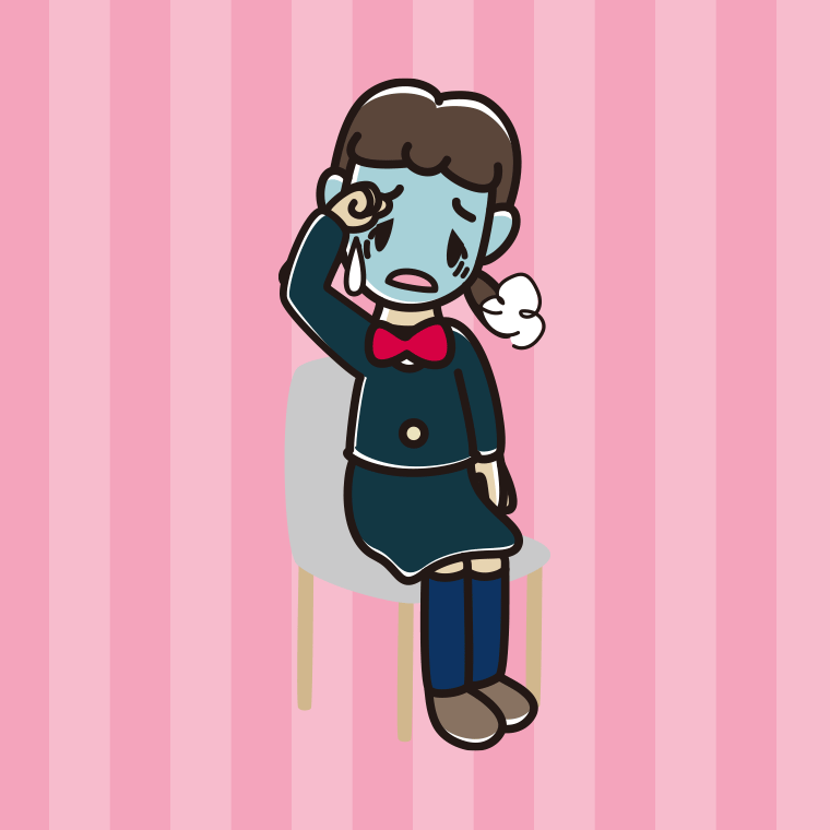 椅子で具合が悪い女子中学生のイラスト【色、背景あり】PNG